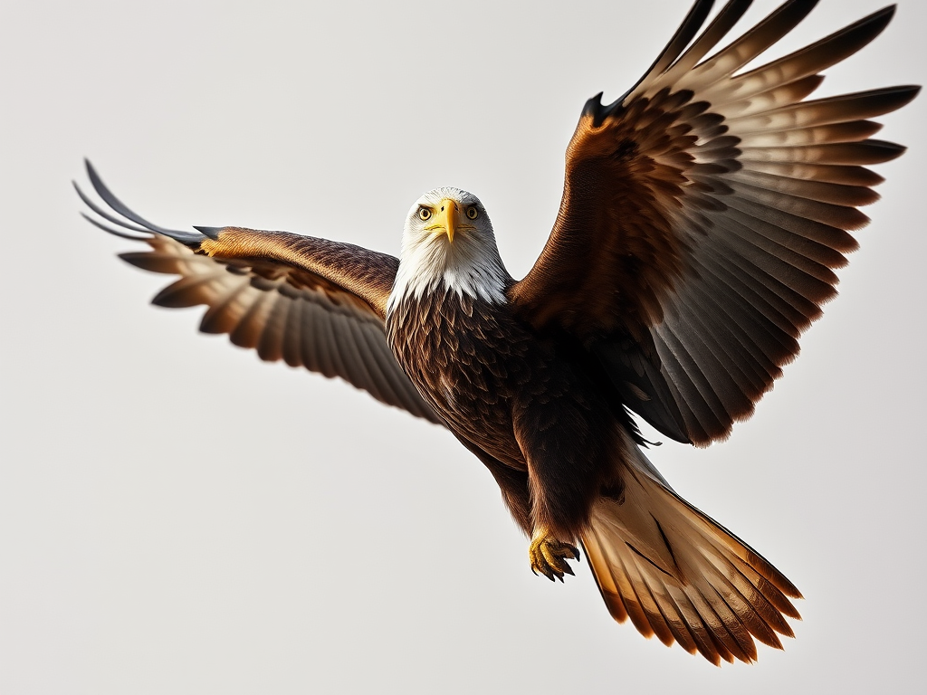 Create a high-resolution image of a majestic eagle with outstretched wings against a plain background, using a DSLR camera with a 50mm lens, aperture set to f/2.8, ISO 100, and shutter speed of 1/500 sec, in portrait mode and capturing the details of the feathers and wings.