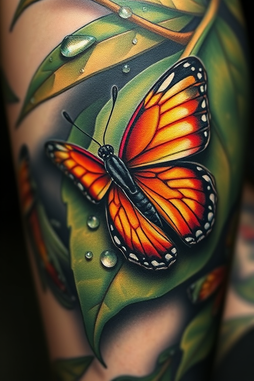 Realistic 3D tattoo illustrating a hyperrealistic butterfly perched on a dewdrop-covered leaf, lifelike details and shading creating an illusion of depth, vibrant colors bringing the scene to life