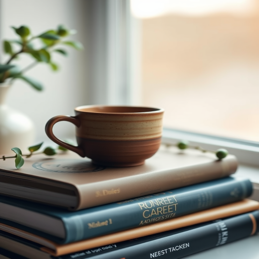 cozy still life of a clay cup on a stack of books, soft natural lighting from a window, shallow depth of field, 50mm lens, f/1.8 aperture, ISO 200, shot at eye level with a DSLR camera