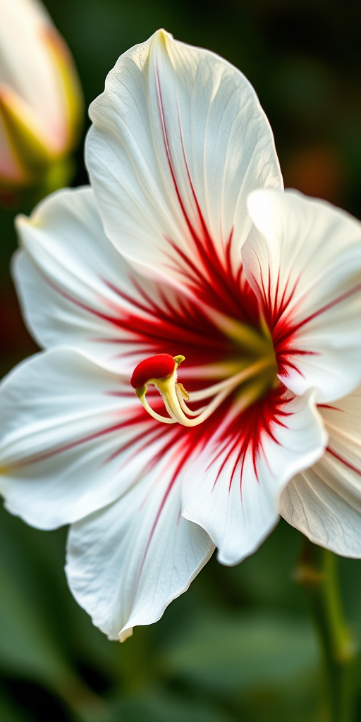 Create a highly detailed botanical illustration of a flowering plant with white petals and red markings, shot in macro view using a DSLR camera at f/2.8 aperture, ISO 100, 1/125s shutter speed, with soft natural lighting to enhance colors and textures.