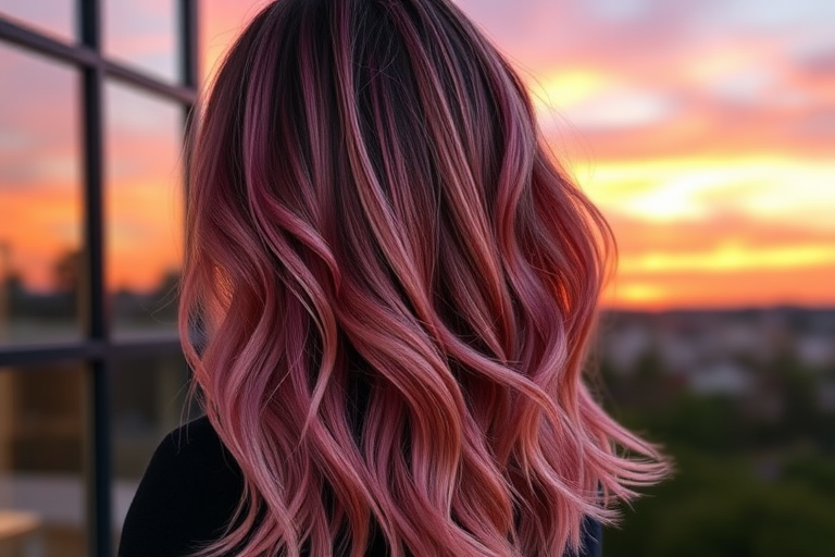 Sunset-inspired balayage melding warm oranges, pinks, and purples, Twilight's hair captures the essence of a beautiful dusk sky, with long layers adding dimension and movement