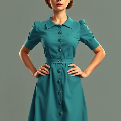 Create a detailed illustration of a woman in a vintage teal dress with buttons, standing confidently with her hands on her hips, using a DSLR camera, 50mm lens, f/1.8 aperture, ISO 100, 1/200s shutter speed, in a studio setting with soft lighting to enhance colors and details.