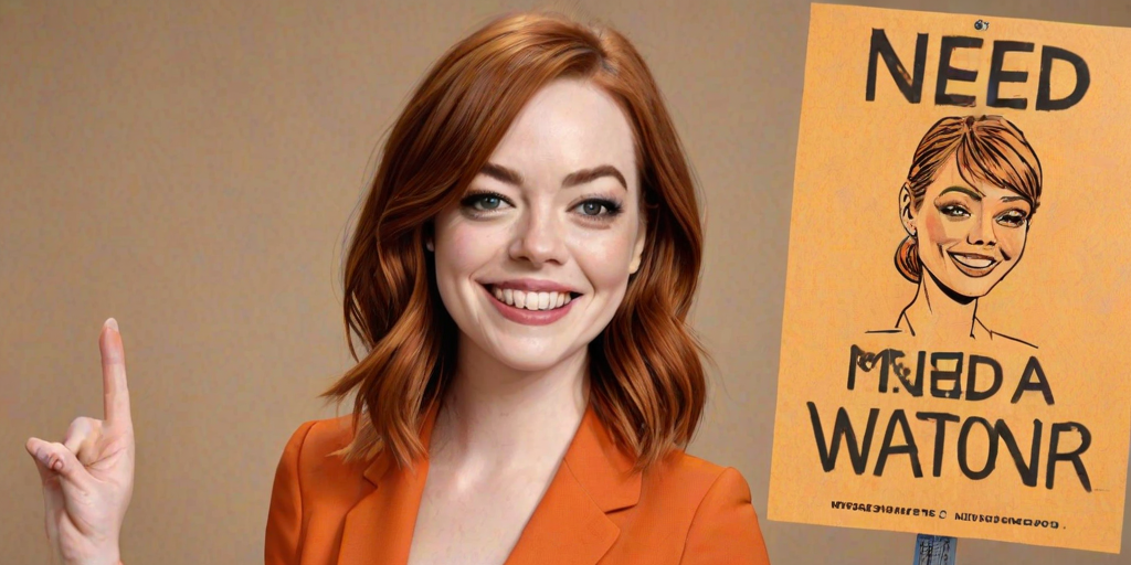 caricature of a smiling Emma Stone in a Tangerine dress or suit, holding up a sign that says "NEED A JOB", no watermark,