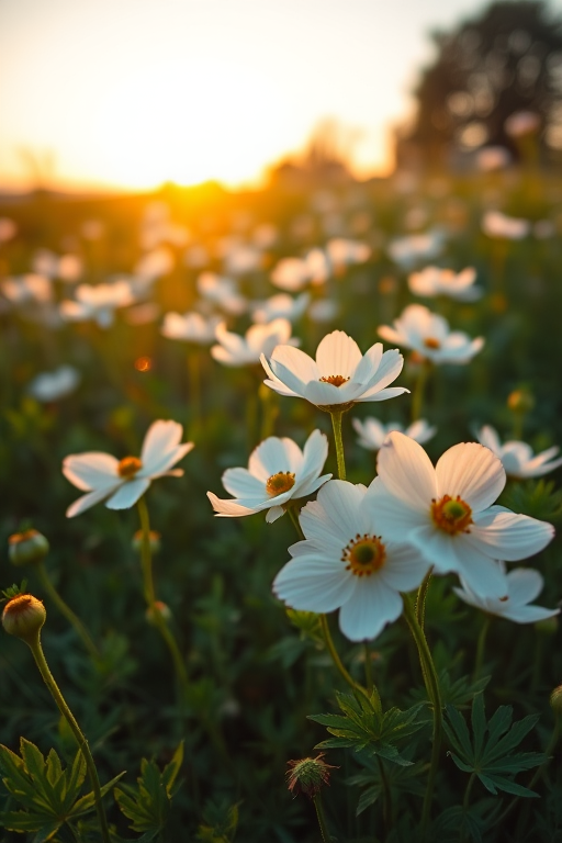 Generate a high-resolution image of a serene flower meadow at sunrise, featuring lush, blooming white anemones surrounded by vibrant greenery, shot with a Canon EOS R5 at f/1.8, ISO 100, 35mm lens, using a soft-focus style for a dreamy atmosphere.