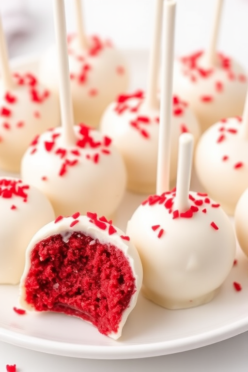 Red velvet cake pops coated in white chocolate with red crumbs on top arranged on a white plate some are whole and one is bitten showing the red interior.