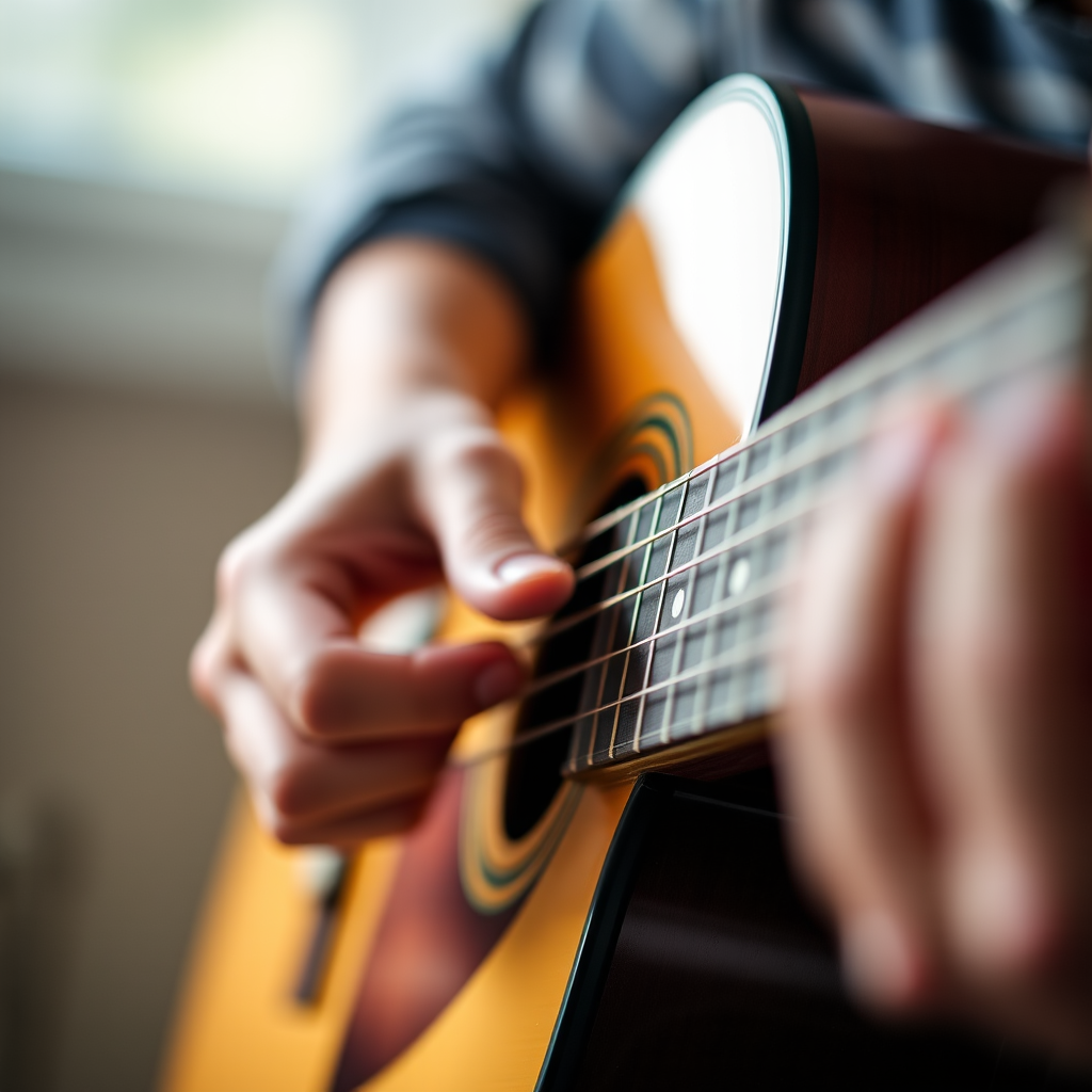 Close-up of a hand playing an acoustic guitar, soft natural lighting, shallow depth of field, taken with a DSLR camera at f/2.8, 50mm lens, ISO 100, vibrant colors, focus on strings and fingertips.
