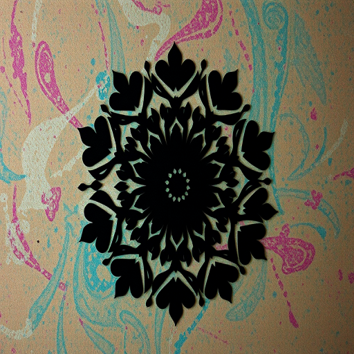 Regenerate an intricate floral pattern with dark silhouettes on a textured, multicolored background, taken with a Canon EOS R5, 50mm lens, f/1.8 aperture, ISO 100, using soft diffused lighting for a rich depth and vibrant colors.