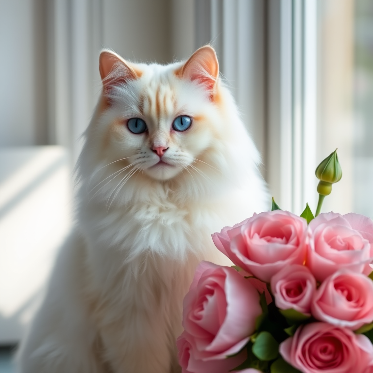 A fluffy white cat with striking blue eyes sitting beside a bouquet of pink peonies and roses in a bright indoor setting next to a window with soft natural light.