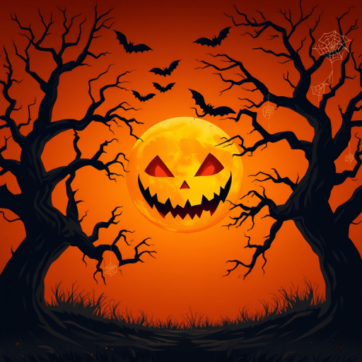 Create a Halloween-themed illustration featuring a large, glowing jack-o'-lantern moon in an orange sky with dark, twisted trees on either side, bats flying in the background, spider webs hanging from tree branches, and small spiders scattered on the ground, captured with a DSLR camera at f/8 aperture, ISO 100, 24mm focal length, and a wide-angle lens for enhanced depth and detail.