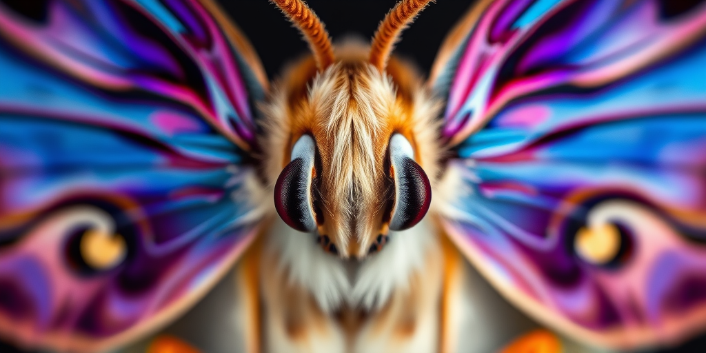 Ultra-detailed close-up of a vibrant moth with iridescent blue and purple wings, macro lens, ISO 100, aperture f/2.8, shutter speed 1/500 sec, top-down view, high-resolution digital photography.