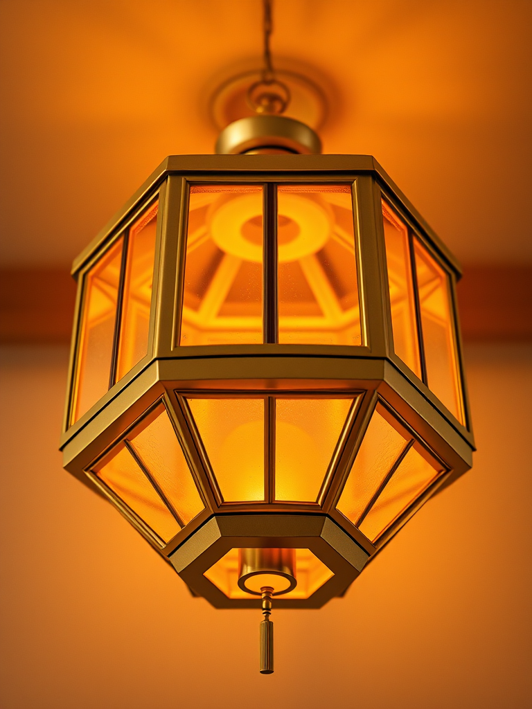 Create a 3D rendering of a hexagonal golden lantern with transparent panels, use a Canon EOS R5, aperture f/2.8, shutter speed 1/60s, ISO 100, 50mm lens, top-down view, soft lighting for a warm atmosphere.