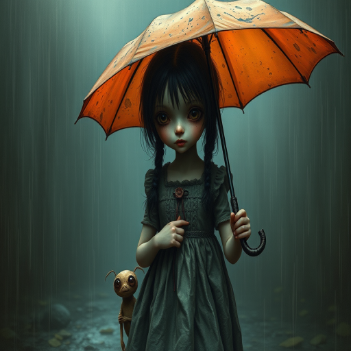 An eerie, weird little girl with dark hair in thin pigtails, wearing a smock dress, standing in the rain, holding a dirty orange umbrella, a small, odd creature beside her. In a surreal style inspired by Nicoletta Ceccoli and Brian Froud. Dark fantasy themes