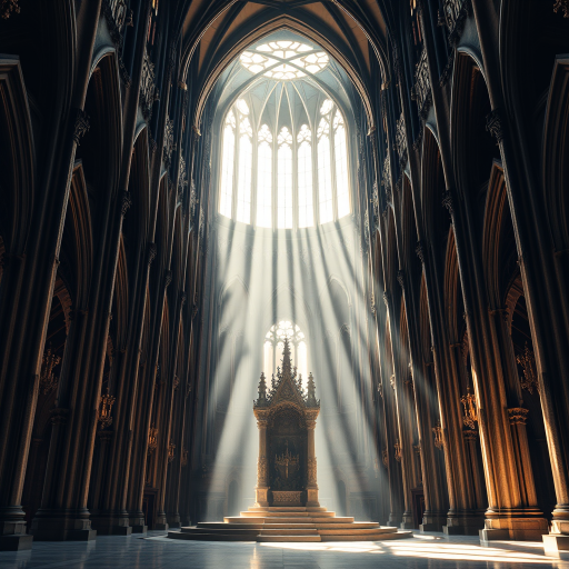 Regenerate a high-resolution image of a grand gothic cathedral interior with dramatic lighting and intricate architecture, featuring a central throne surrounded by ethereal shadows, taken with a Canon EOS 5D Mark IV, using a 24-70mm f/2.8 lens, ISO 200, aperture f/4, and a focal length of 35mm, with a low-angle view to emphasize the grandeur.
