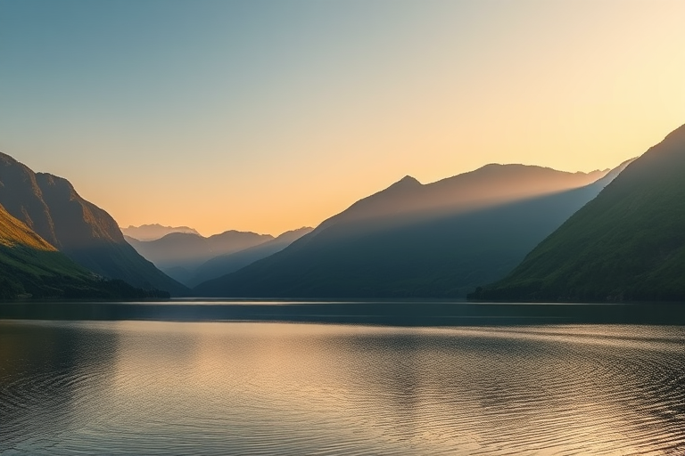 Create a high-resolution image of a serene landscape featuring a calm lake surrounded by lush green mountains during sunrise, using a DSLR camera with a 50mm lens at f/1.8, ISO 100, shutter speed 1/200s, in landscape orientation and natural lighting to enhance image quality.