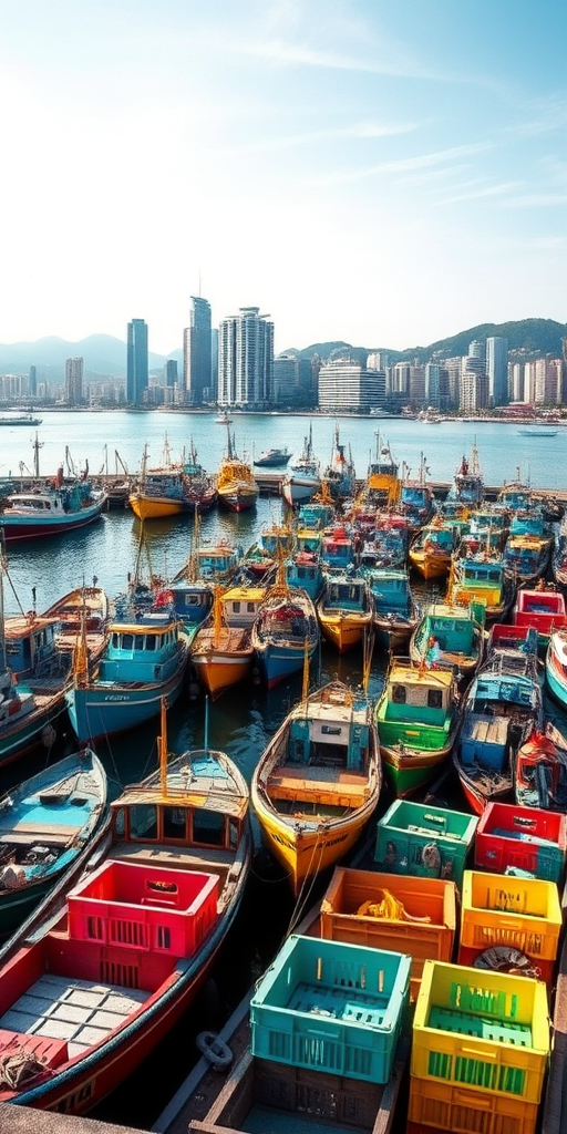 capture a busy fishing harbor with vibrant boats and colorful crates in the foreground, a modern skyline in the background, shallow depth of field, ISO 200, aperture f/8, shutter speed 1/250s, taken with a DSLR camera from a high vantage point, natural lighting