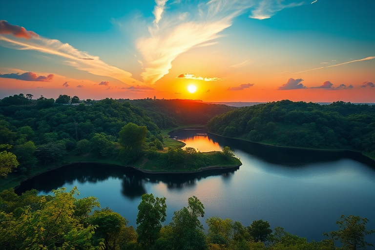 Generate a high-resolution image of a tranquil landscape featuring a serene lake surrounded by lush greenery under a vibrant sunset, captured with a Canon EOS R5 at 24mm, f/8, ISO 100, using a wide-angle lens and natural lighting for enhanced clarity and depth.