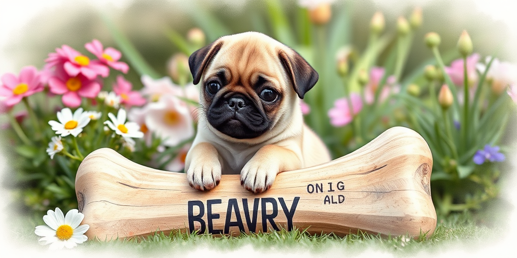 A cute pug puppy sitting on a large bone surrounded by flowers and greenery, soft watercolor style, 50mm lens, f/2.8 aperture, ISO 200, natural lighting, shot from a slightly elevated angle, high-resolution image quality.