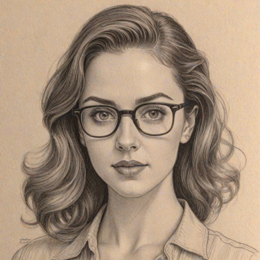 Enticing Brittany Curran, pencil sketch, portrait of Exquisite woman 1949s in glasses, hair style beatnik, outline, clear lines, fine lines, 8k