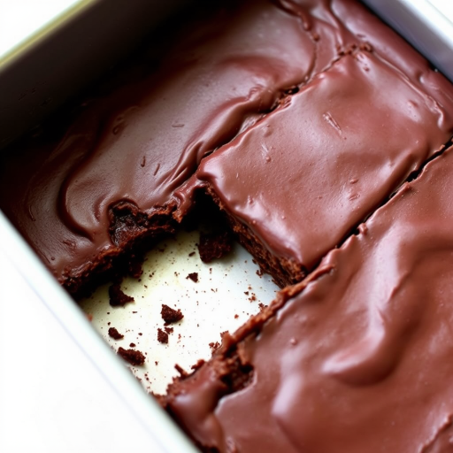 A close-up view of a rectangular chocolate dessert in a metal baking pan with a piece missing, glossy frosting on top, and a light background.