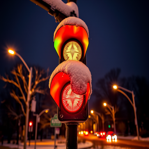 Capture a night scene of a snow-covered traffic light with vibrant red, yellow, and green lights glowing, surrounded by trees and streetlights, using a DSLR camera with a 24mm lens at f/2.8, ISO 400, and a shutter speed of 1/60s for enhanced clarity and depth.