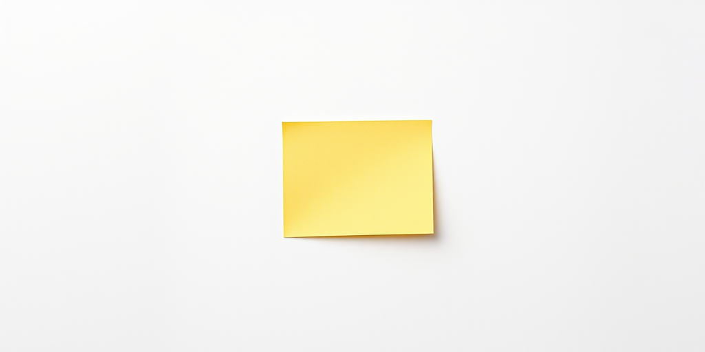 Create a high-resolution image of a slightly curved yellow sticky note on a white background, top-down view, with soft diffused lighting, using a DSLR camera at f/4 aperture, ISO 100, and 50mm lens.