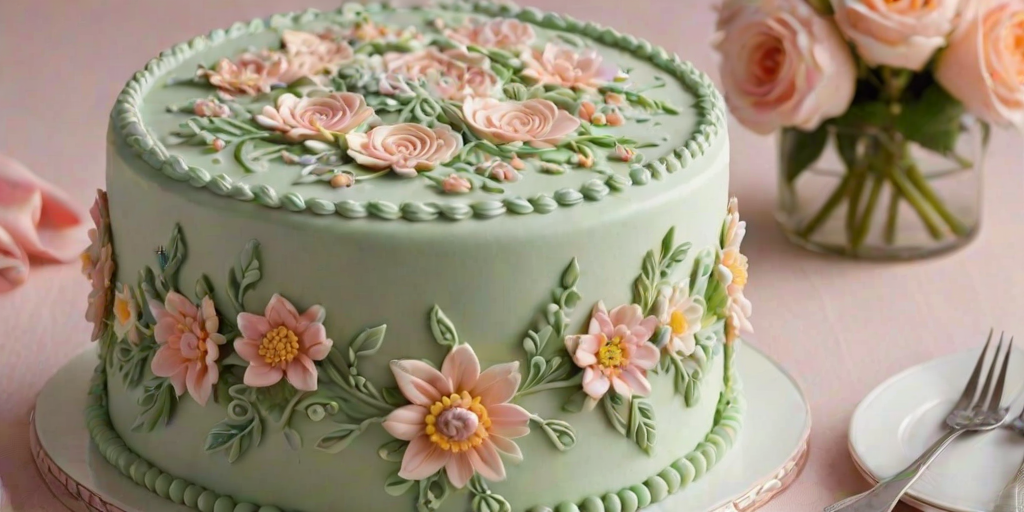 Create an image of a beautifully decorated cake with intricate frosting designs. The cake should have a smooth white frosting base, adorned with delicate pastel flowers and decorative piping. The overall presentation should be elegant and inviting, set against a simple background.