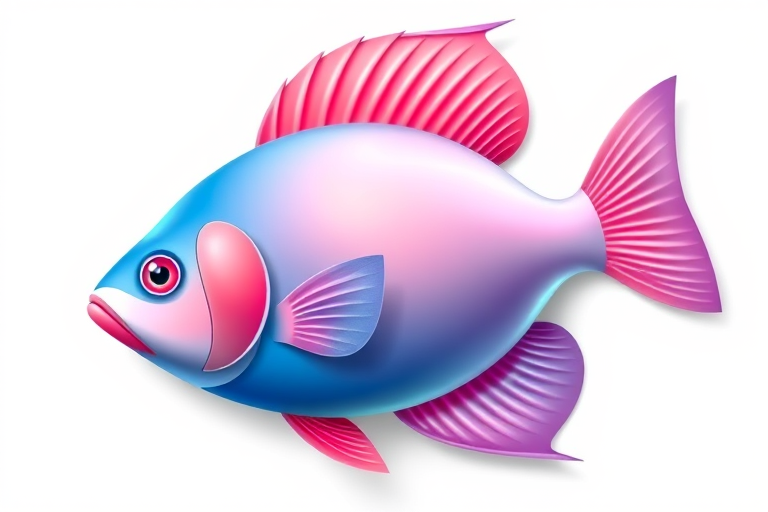 high-resolution illustration of a stylized fish with smooth gradient colors, vibrant blue and pink, detailed fins, white background, shot with a DSLR camera at f/2.8, ISO 100, 50mm lens, top-down view, shot in natural light for enhanced clarity and depth.
