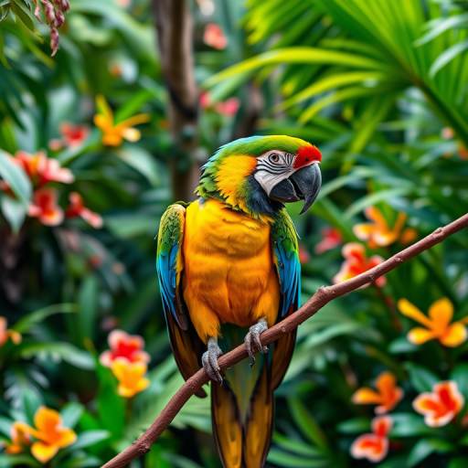 vibrant macaw parrot perched on a branch in a lush tropical rainforest with vivid foliage and colorful flowers, captured with a 50mm lens, f/2.8 aperture, ISO 200, soft natural lighting for enhanced color saturation and depth of field, shot in high-resolution DSLR format
