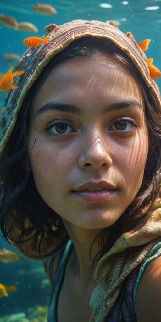 Realistic selfie image of a Burmese, wearing a vintage outfit, detailed dreamy eyes, droopy hooded eyes, staring at the camera, taken underwater at coral reef with a sunbeam filtering through the water, vibrant, summer vacation, natural lighting, turtle and school of tropical fish with vibrant colors, rendered in the style of CryEngine, Pegi Nicol MacLeod, with realistic genre scenes, hauntingly beautiful narratives, ultra-realism, and Thomas Saliot's close-up technique, 8K resolution, crystal clear and sparkling water.