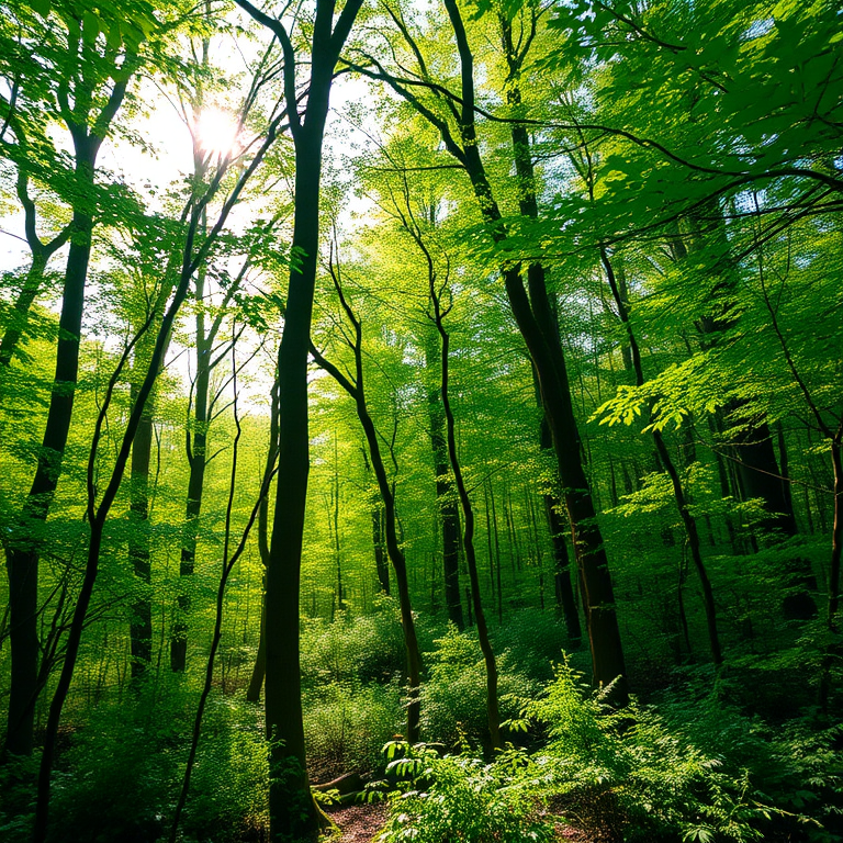 Generate a high-resolution image of a lush forest with vibrant green foliage and soft sunlight filtering through the trees, using a DSLR camera, 50mm lens, aperture f/2.8, ISO 200, with a shallow depth of field and a slightly elevated perspective.