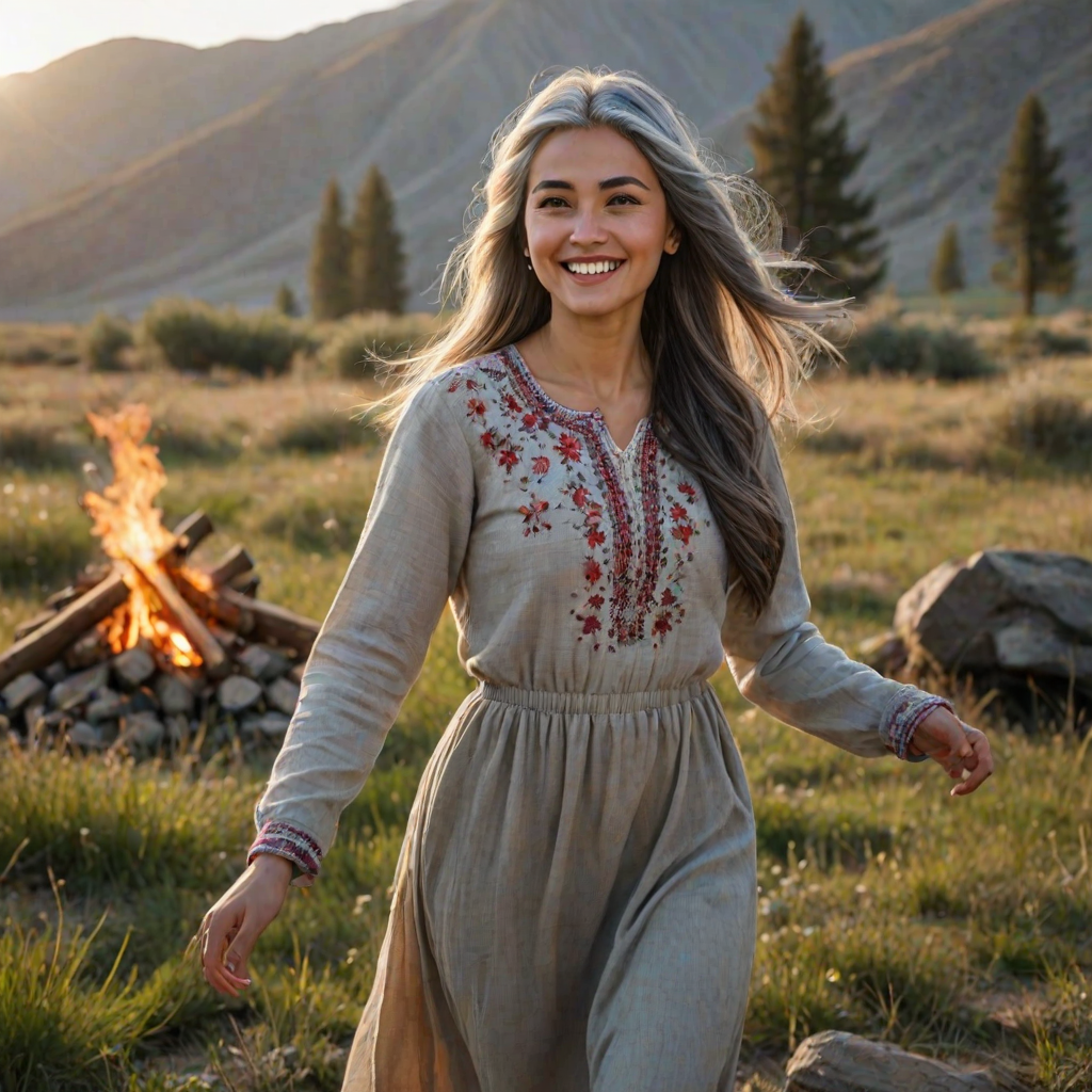 ultrarealistic, Delightful Tajik woman, pirouette on her head, gray hair, long straight hair, she is wearing Spring clothes, the sun gently illuminates her hair. Ultrarealistic skin, stands in the meadow, 1 girl, age - about 33 years old, swarthy complexion, ultrarealistic skin, smiles gently, stands near the campfire. She looks sexy