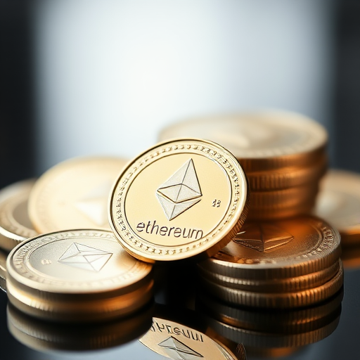 High-resolution close-up image of Ethereum coins arranged on a reflective surface, soft lighting, shallow depth of field, DSLR camera, f/1.8 aperture, ISO 100, 50mm lens, focus on the central coin with a smooth bokeh background.