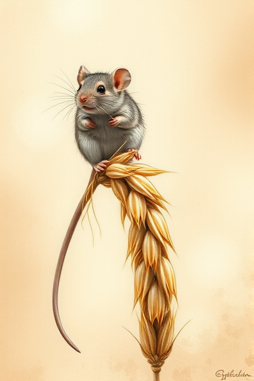 Soft, muted Alcohol Ink with ebru effect background image of tiny whimsical mousey, who climbed high on the top of a golden rye ear.