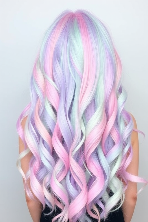 Ethereal pastel rainbow hair known as "Unicorn Dreams," cascades in long, loose curls from a center part, blending soft hues of pink, blue, lavender, and mint green in a seamless gradient, creating a whimsical and enchanting appearance