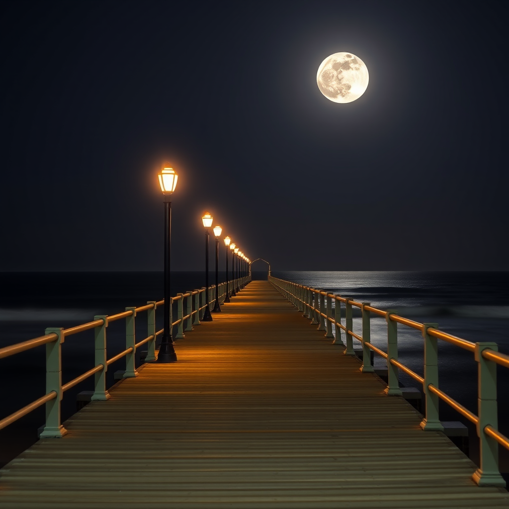 Create a high-resolution image of a seaside pier at night with illuminated lampposts casting a warm glow, a large full moon rising over the ocean in the background, captured with a Canon EOS 5D Mark IV, 24mm lens, f/2.8 aperture, ISO 100, 30 seconds exposure, and a wide-angle perspective to enhance depth and detail.