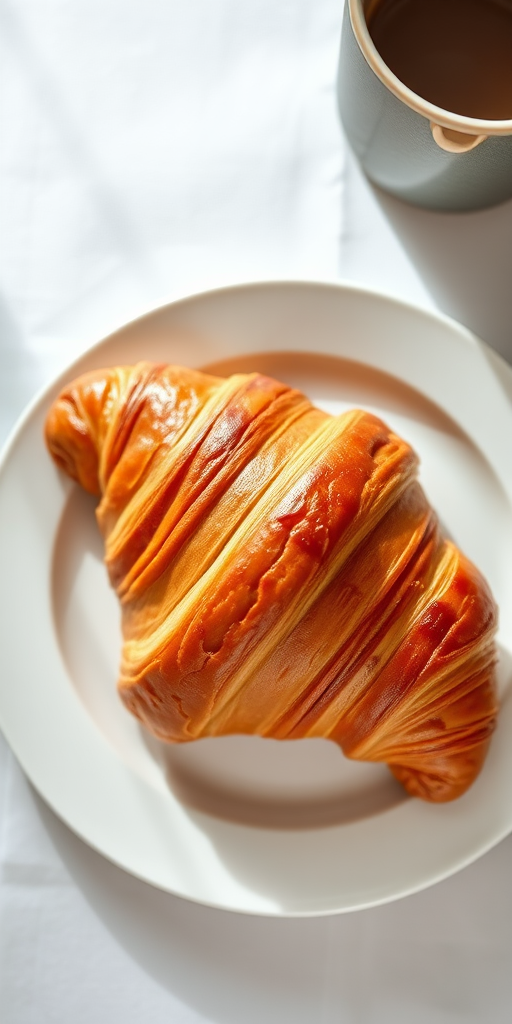 A fresh croissant on a white plate, top-down view, natural light, 50mm lens, f/2.8 aperture, ISO 200, shallow depth of field, DSLR camera.