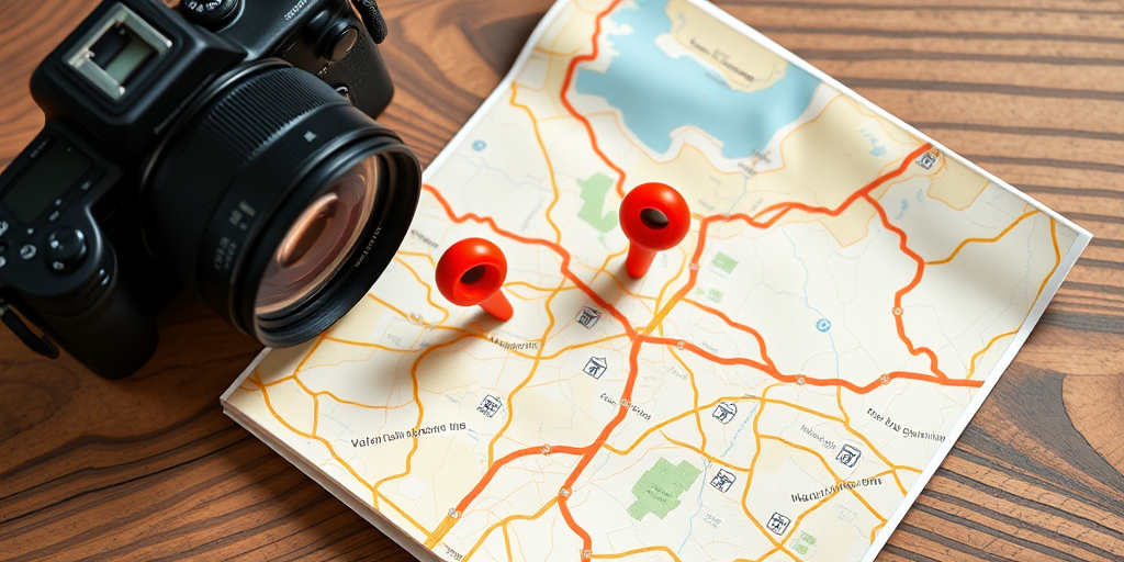 Create a high-resolution image of a folded map with bright colors and two red location markers, using a DSLR camera with a 50mm lens, aperture set to f/2.8, ISO 100, shot from an overhead view in natural light to enhance detail and clarity.