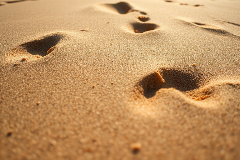 Close-up of textured beach sand with faint shadows and footsteps, soft natural lighting, focal length 50mm, aperture f/4, ISO 100, shot with a DSLR camera from a low angle.