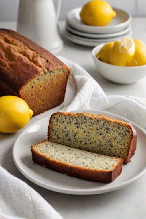 Create an image of a freshly baked lemon poppy seed loaf on a white platter. Next to it, place a slice of the loaf on a plate, with a few lemon halves scattered around. The background should be a simple, textured cloth to enhance the warm, inviting feel of the baked goods.