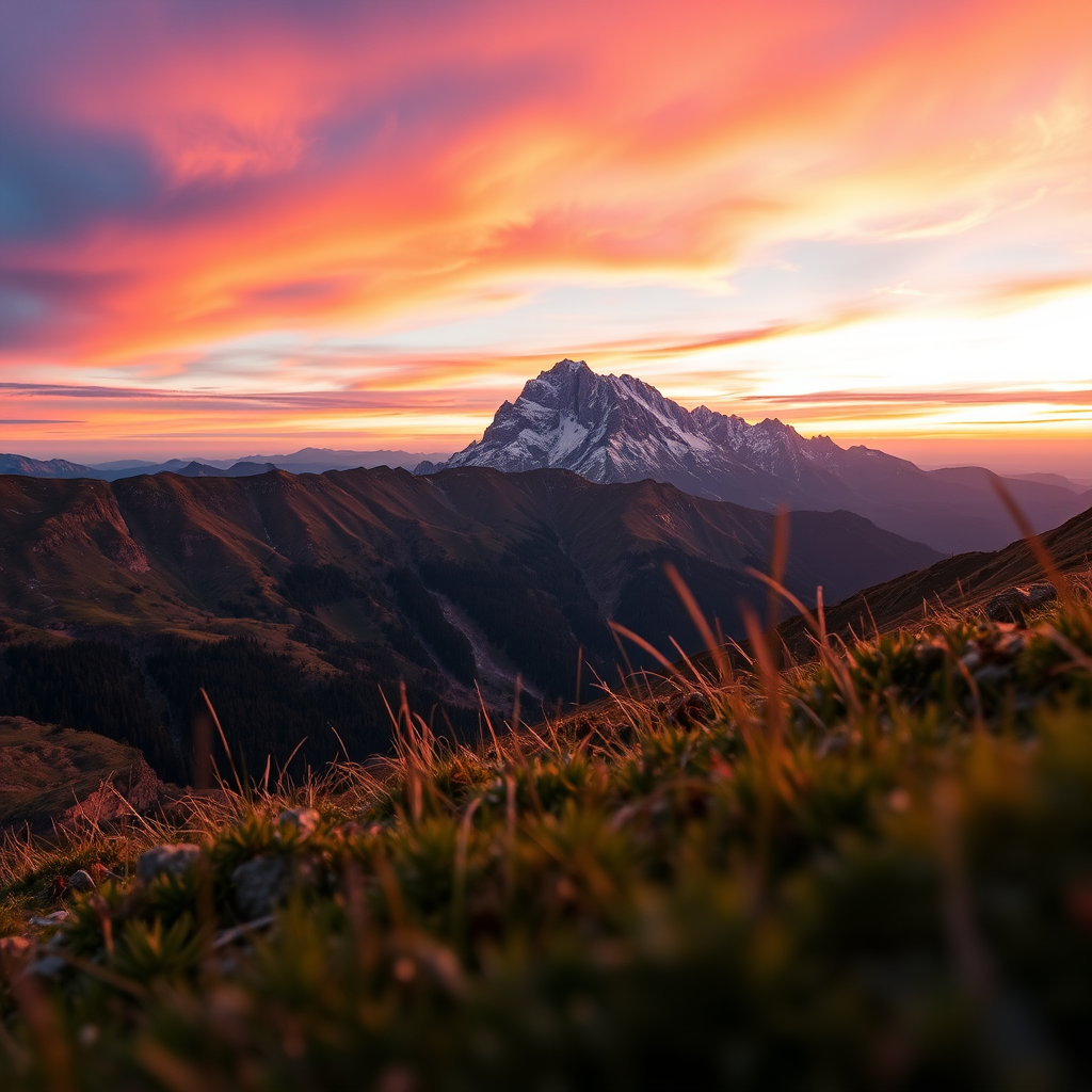 Generate a high-resolution image of a serene mountain landscape during sunset with vibrant colors, using a Canon EOS R5, 35mm lens, f/8 aperture, ISO 100, shot from a low angle to capture foreground details, with soft-focus background to enhance depth.