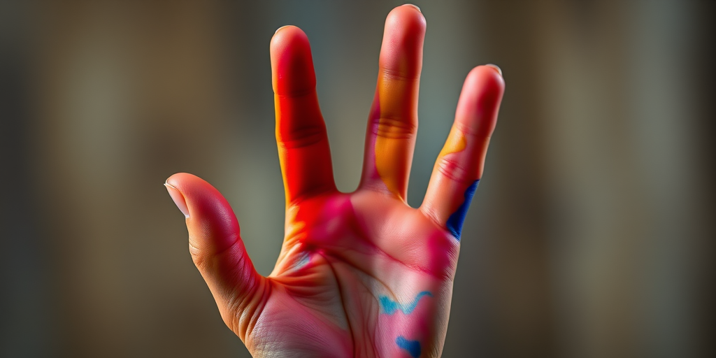Create an abstract, colorful representation of a hand making an "OK" gesture, captured in high resolution with a Canon EOS R5, ISO 100, f/2.8, 1/200s, in a close-up view with a soft-focus background to enhance image quality.