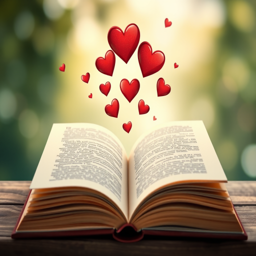 create a whimsical illustration of an open book with red hearts floating above it, using a Canon EOS R5, 50mm lens, f/1.8 aperture, 1/125 sec shutter speed, natural lighting, and a soft focus background