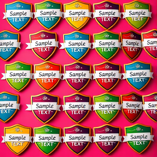 Create a high-resolution grid of colorful shields with elegant banners displaying "Sample Text" in stylish typography, using a Canon EOS R5 with a 50mm f/1.2 lens, shot from a top-down view, in a vibrant and well-lit studio setting.