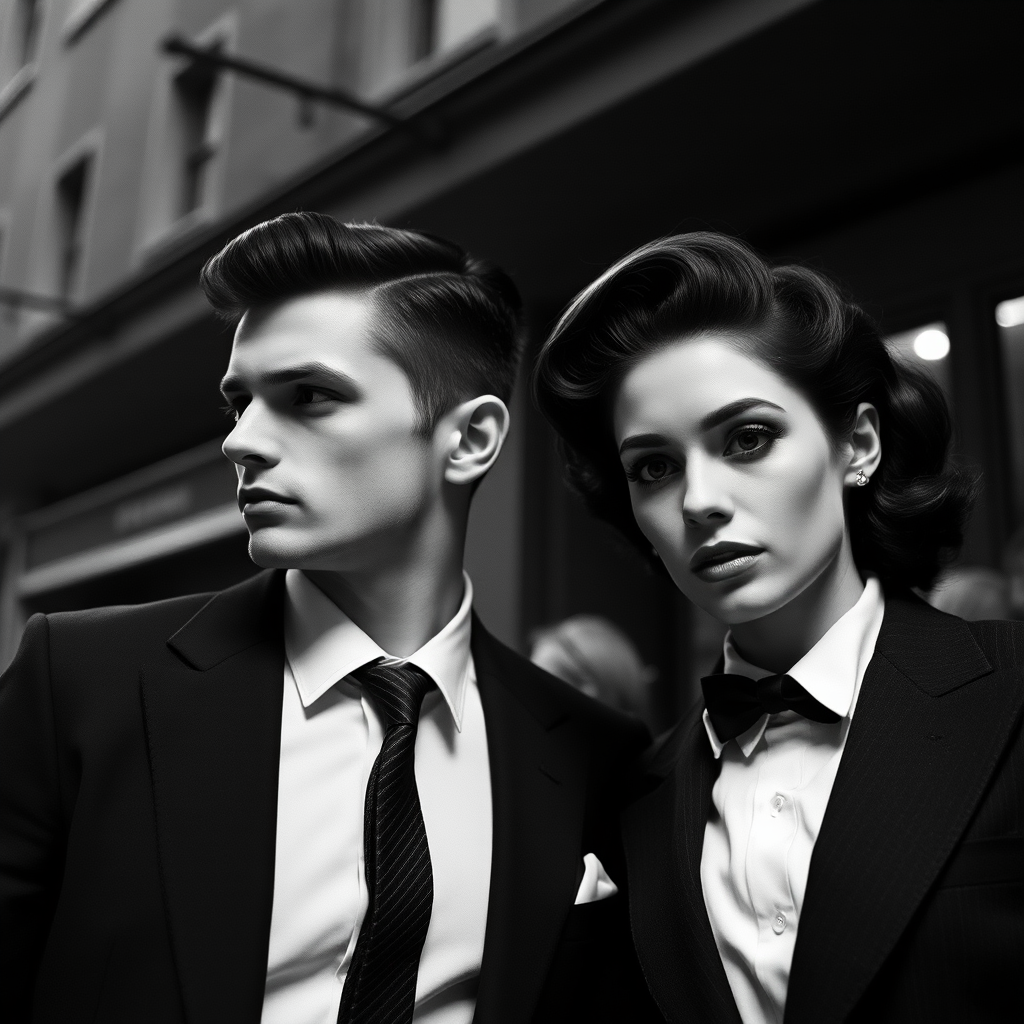 Black-and-white photograph, couple, tailored suits, retro hairstyles, film noir style, Tilt the camera for a dynamic Dutch angle using a versatile 24-70mm lens