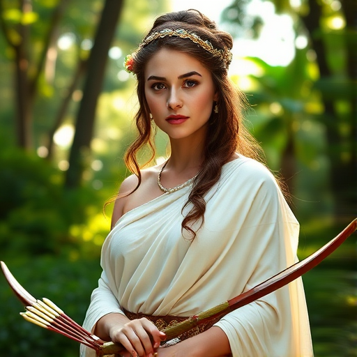 Create a portrait of a goddess-like Inca girl figure in a tranquil, forested environment. She has an elegant appearance with long, wavy hair styled in an updo and adorned with a delicate, floral headband. She wears a flowing, ancient Greek-inspired gown in a soft, pale color, featuring a one-shoulder design and draped fabric that accentuates her graceful form. The outfit includes a decorative belt with ornate gold detailing, and she holds a bow in her hand, with a quiver of arrows slung over her shoulder. The background depicts lush greenery, with sunlight filtering through the trees, casting a gentle, ethereal light on the scene. Her expression is calm and contemplative, embodying a sense of wisdom and serenity.