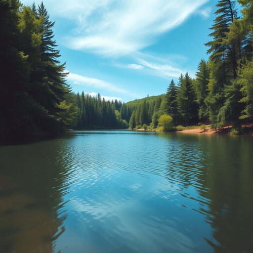 Generate a high-resolution image of a serene nature landscape featuring a tranquil lake surrounded by lush green trees under a clear blue sky, captured with a Canon EOS R5, 24mm lens, f/8 aperture, ISO 100, and a wide-angle view for enhanced depth and clarity.