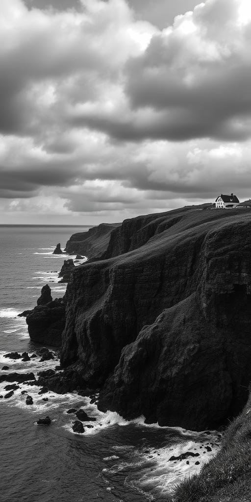 A dramatic black and white landscape of a coastal scene with rugged cliffs and a stormy sky, featuring a distant house on the hillside, captured with a Nikon D850, 24mm f/11, ISO 100, 1/125 sec, with a wide-angle lens for depth and sharpness.