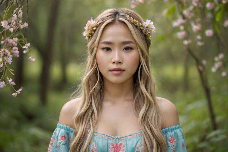 Create an image of a young Hmong woman with long, wavy blonde hair, adorned with small, colorful flowers woven into her braids and loose strands. Her complexion is fair, with soft, glowing skin, and she has light blue eyes that gaze softly at the viewer. She wears a light, flowing dress with a gentle, ethereal quality, complementing her delicate and serene appearance. The background is slightly blurred, drawing focus to her tranquil expression and the intricate details of the flowers in her hair. The overall mood of the image is one of natural beauty and grace, evoking a sense of peacefulness and connection with nature.