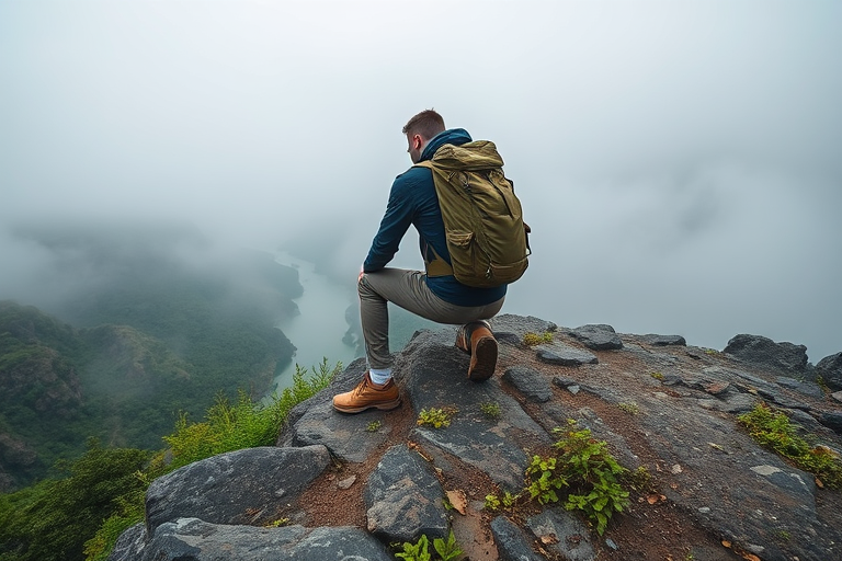capture a man with a backpack kneeling on a rocky ledge overlooking a foggy valley with a river, use a Canon EOS R5 with a 24-70mm lens at f/4, ISO 100, 1/200s, shot from a low angle perspective to enhance depth and detail, focus on the textures of the rocks and the greenery in the foreground