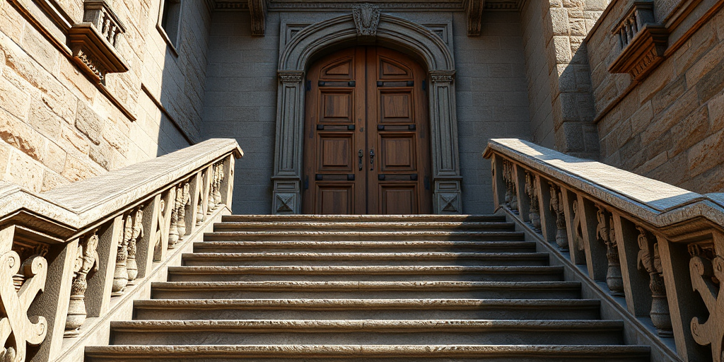 Create a highly detailed 3D rendering of an ornate stone staircase leading up to a large, weathered wooden door, captured from a low angle to emphasize the architecture, with soft natural lighting, using a DSLR camera at f/8 for depth of field, ISO 100, and a focal length of 35mm.